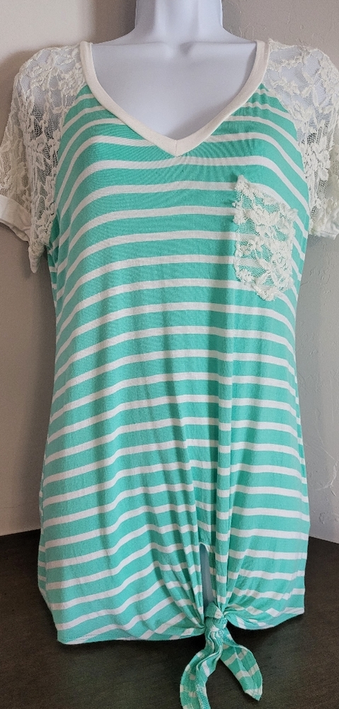 (3 for $15)Lace Sleeve Stripped knotted V-Neck
